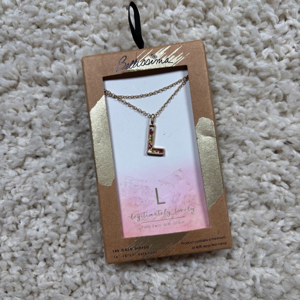 Bella Uno Bellissima 14K Gold Dipped Letter L Necklace with Dried Flowers 16-20"